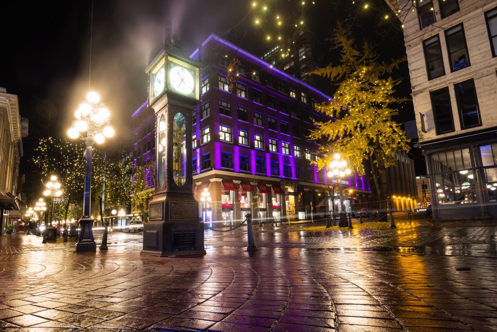 Beautiful view of a steam clock in Gastown Vancouver, British Columbia, Canada.